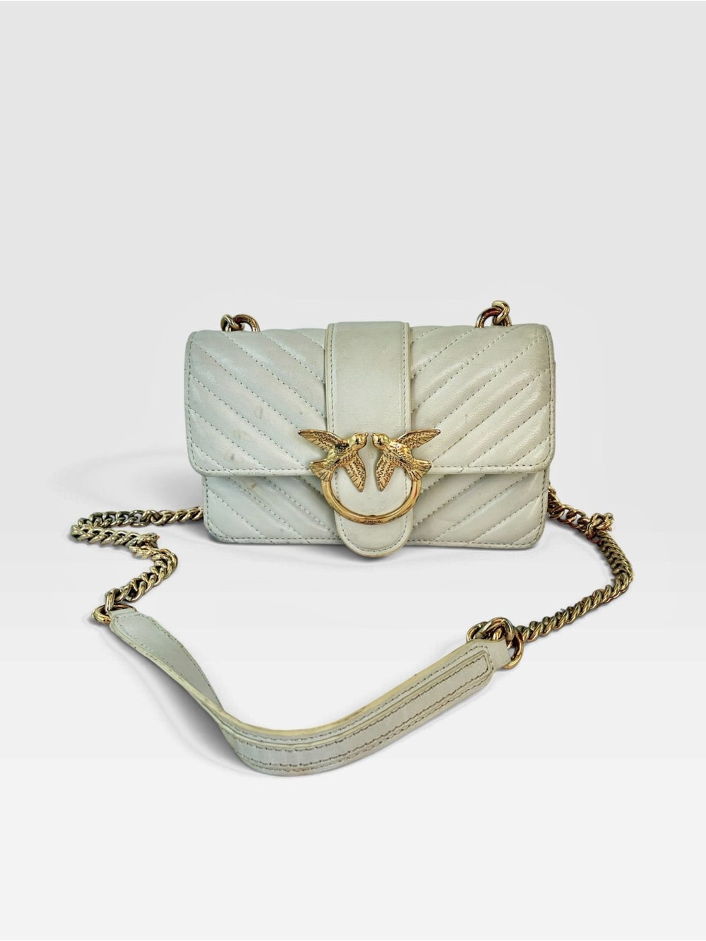 Pinko Quilted Cream Leather Crossbody with Gold Bird Hardware